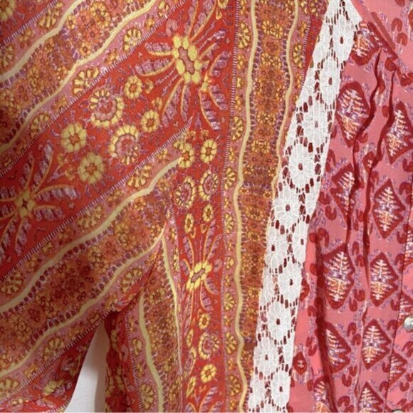 Figueroa And Flower Orange Link Multi Print Semi Sheer Long Sleeve Boho Blouse M - Picture 6 of 15